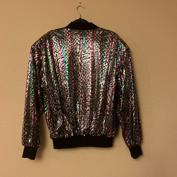 Mighty Retro/Vintage Metallic Silver Bomber Jacket with Multi-Colour Sequins - Picture 12 of 16